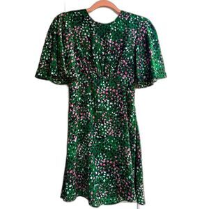 Topshop flutter sleeve bias cut mini dress in green & pink leopard print size 2